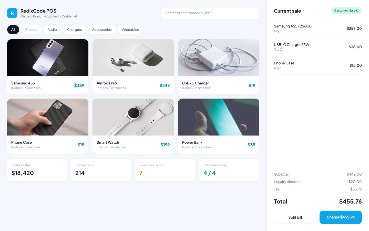 RedixCode POS — Multi-Industry Cloud Point of Sale (+ AI Analytics) screen